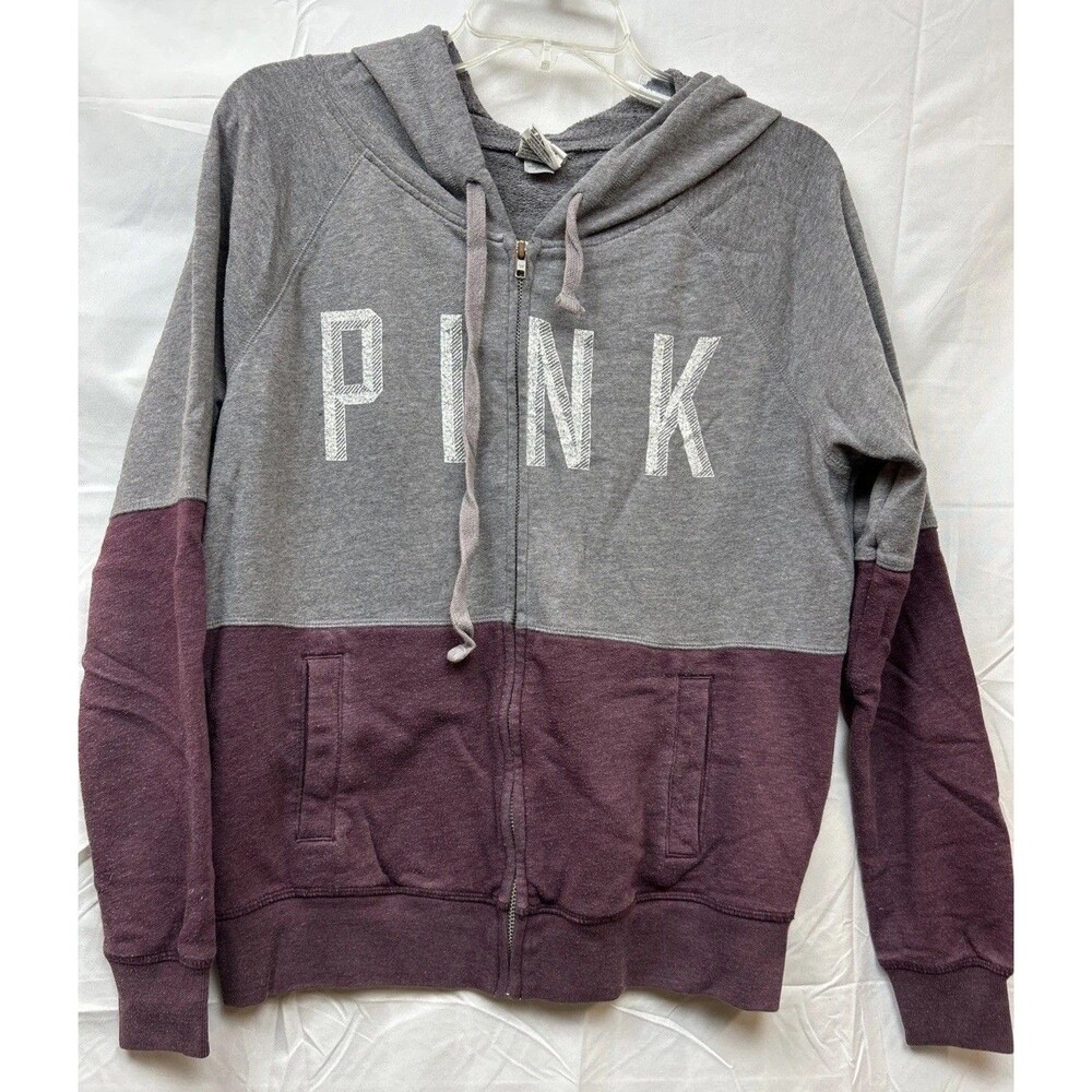 Victoria Secret Pink Hoodie Women Burgundy Color Block Full Zip Spellout